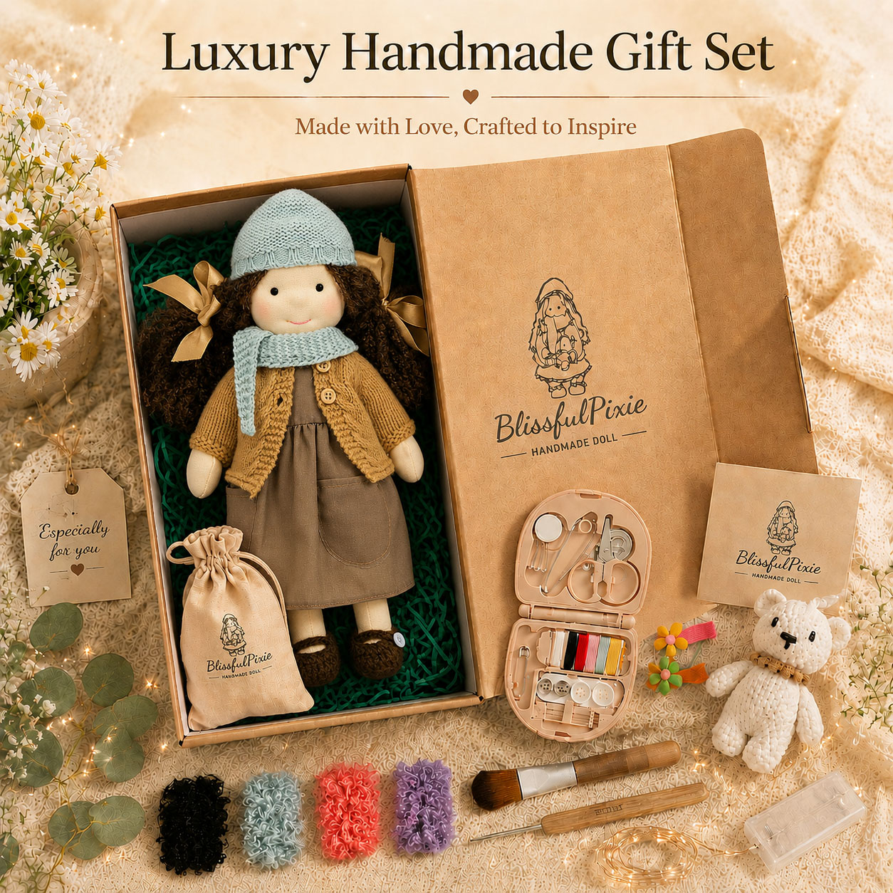 BlissfulPixie 12" Waldorf Doll Zoey, Handmade Soft Rag Doll for Girls with DIY Hair Styling Kit, 4 Color Hair Set, Teddy Bear, Makeup Tools & Gift Box Set, Creative Birthday Christmas Gift