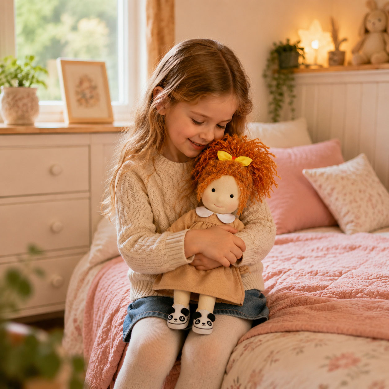 BlissfulPixie 12" Waldorf Doll Ada, Handmade Soft Rag Doll for Girls with DIY Hair Styling Kit, 4 Color Hair Set, Teddy Bear, Makeup Tools & Gift Box Set, Creative Birthday Christmas Gift