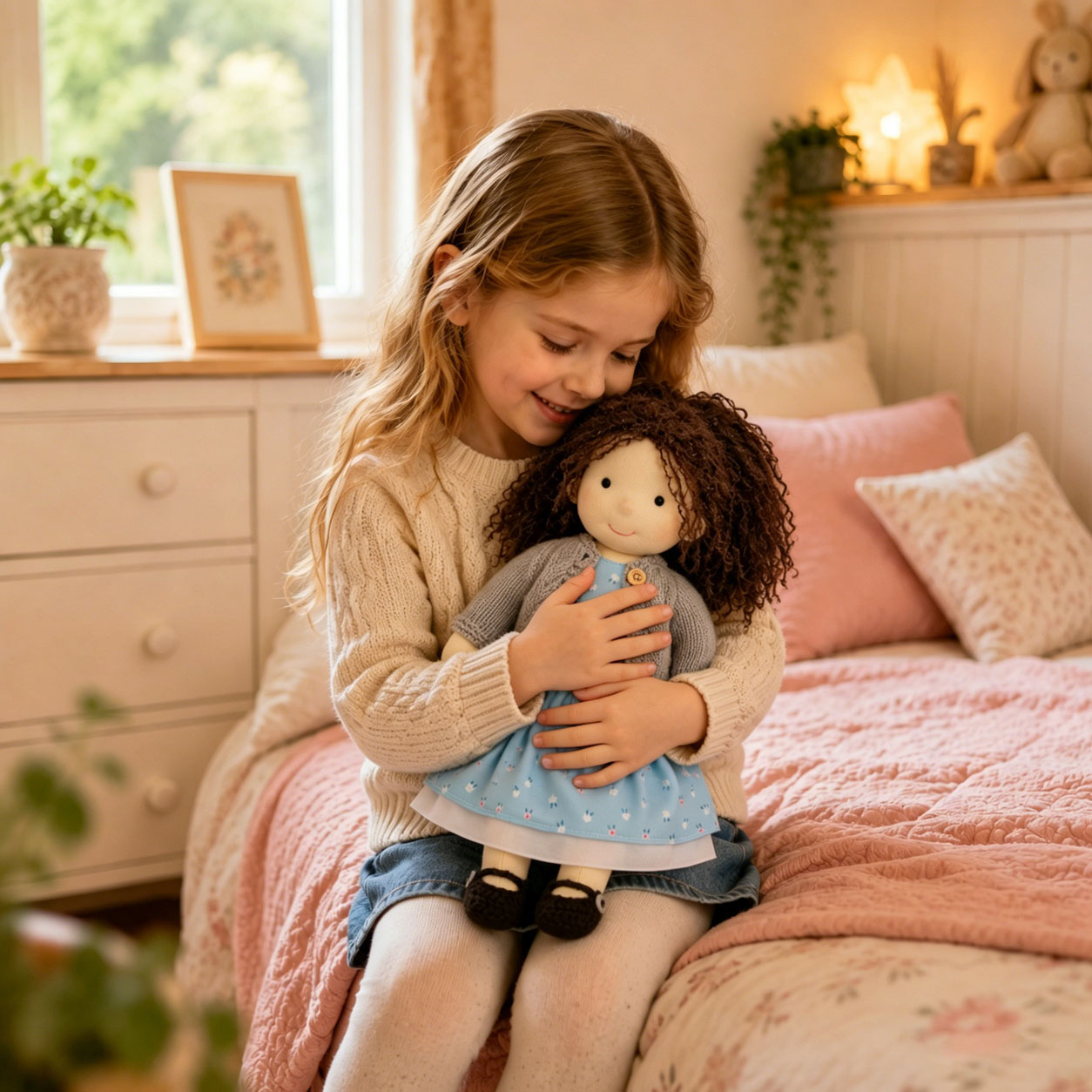  BlissfulPixie 12" Waldorf Doll Louise, Handmade Soft Rag Doll for Girls with DIY Hair Styling Kit, 4 Color Hair Set, Teddy Bear, Makeup Tools & Gift Box Set, Creative Birthday Christmas Gift