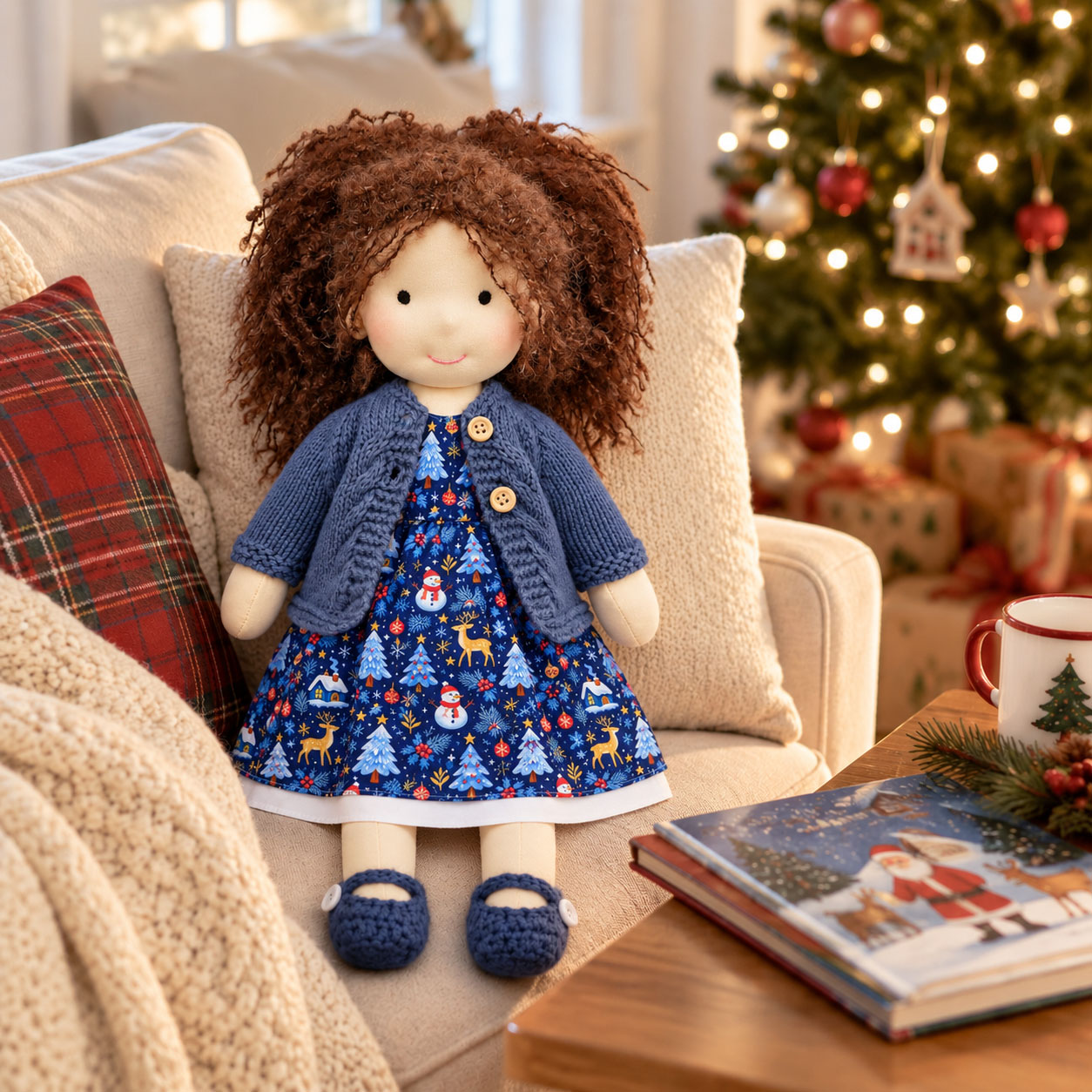 Louise Cute Handmade Doll for Girls, Christmas Rag Doll with Colorful Holiday Dress, Soft Fabric Doll with Gift Box Packaging, Adorable Keepsake Toy for Kids, Birthday and Holiday Gifts