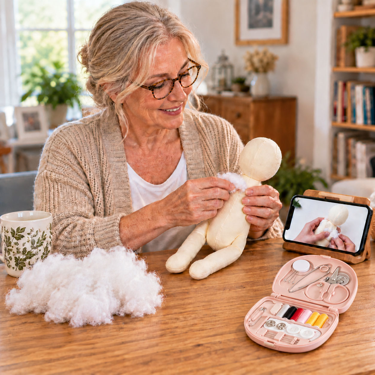 DIY Doll Making Kit for Adults & Beginners, Handmade Cloth Doll Craft Kit with Doll Body, Stuffing, Curly Hair, Clothes & Basic Sewing Tools, Video Tutorial, Creative Craft Gift