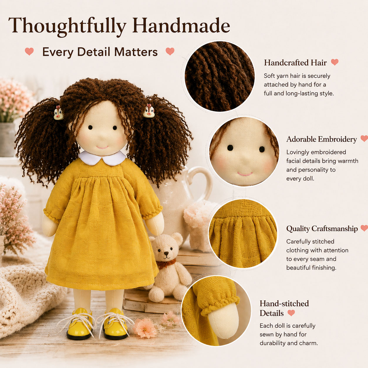 BlissfulPixie 12" Waldorf Doll Inka , Handmade Soft Rag Doll for Girls with DIY Hair Styling Kit, 4 Color Hair Set, Teddy Bear, Makeup Tools & Gift Box Set, Creative Birthday Christmas Gift