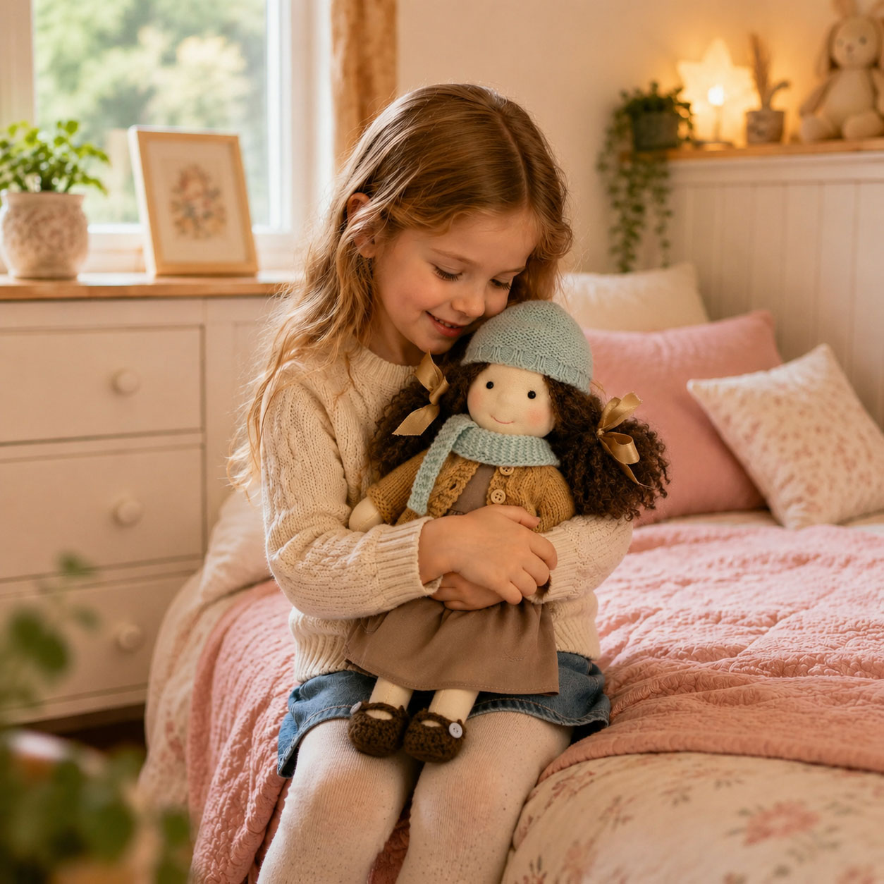BlissfulPixie 12" Waldorf Doll Zoey, Handmade Soft Rag Doll for Girls with DIY Hair Styling Kit, 4 Color Hair Set, Teddy Bear, Makeup Tools & Gift Box Set, Creative Birthday Christmas Gift