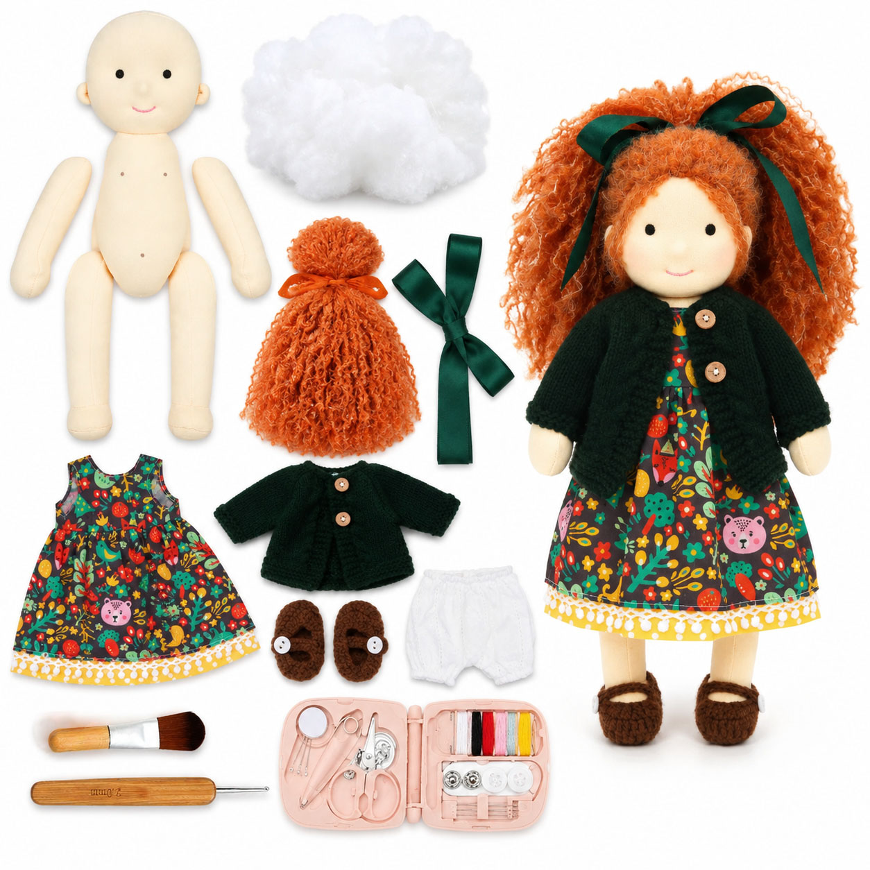 Hanne DIY Doll  Making Kit for Adults & Beginners, Handmade Cloth Doll Craft Kit with Doll Body, Stuffing, Curly Hair, Clothes & Basic Sewing Tools, Video Tutorial, Creative Craft Gift