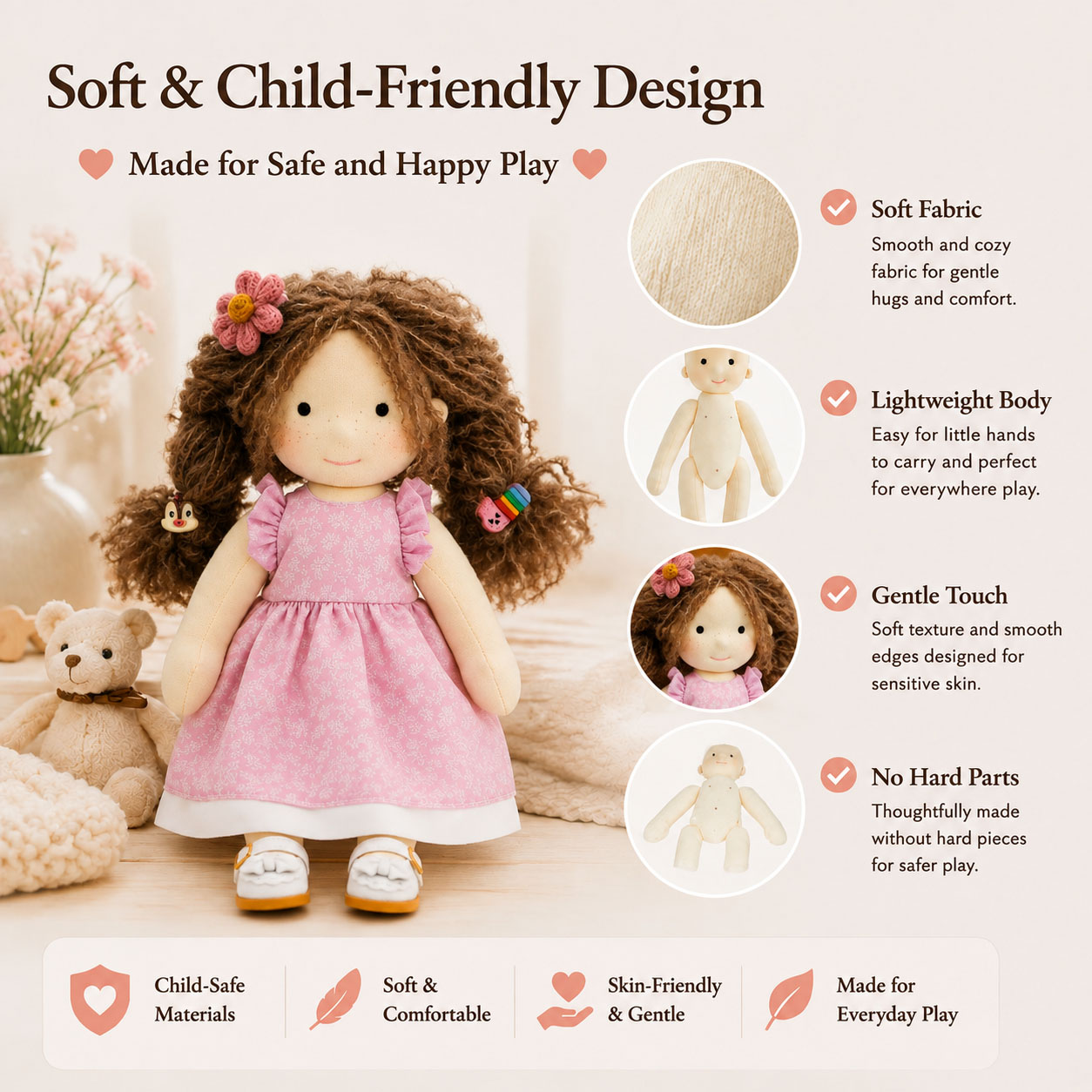  BlissfulPixie 12" Waldorf Doll Amy, Handmade Soft Rag Doll for Girls with DIY Hair Styling Kit, 4 Color Hair Set, Teddy Bear, Makeup Tools & Gift Box Set, Creative Birthday Christmas Gift