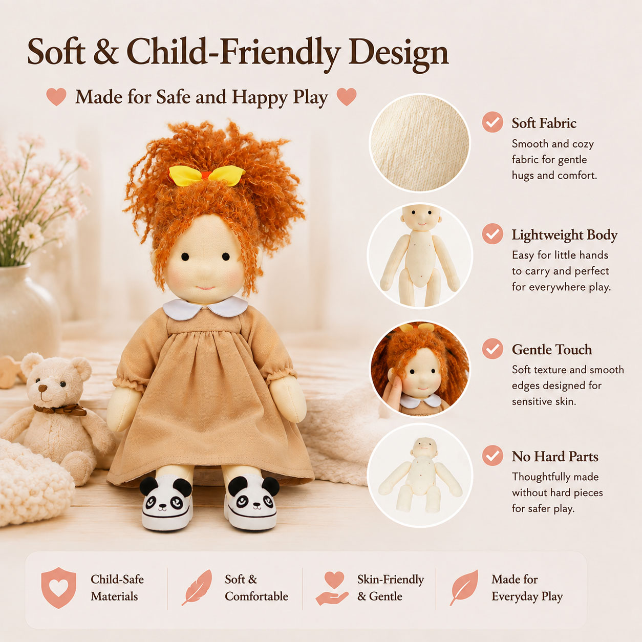 BlissfulPixie 12" Waldorf Doll Ada, Handmade Soft Rag Doll for Girls with DIY Hair Styling Kit, 4 Color Hair Set, Teddy Bear, Makeup Tools & Gift Box Set, Creative Birthday Christmas Gift