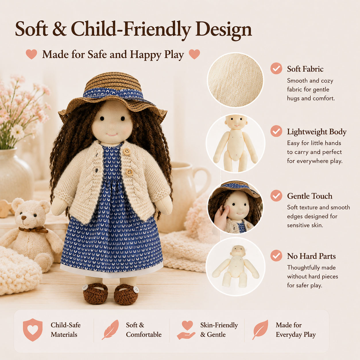   BlissfulPixie 12" Waldorf Doll Basia, Handmade Soft Rag Doll for Girls with DIY Hair Styling Kit, 4 Color Hair Set, Teddy Bear, Makeup Tools & Gift Box Set, Creative Birthday Christmas Gift