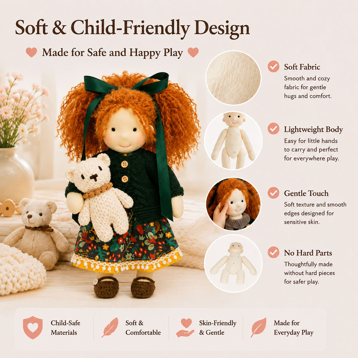BlissfulPixie 12" Waldorf Doll Hanne, Handmade Soft Rag Doll for Girls with DIY Hair Styling Kit, 4 Color Hair Set, Teddy Bear, Makeup Tools & Gift Box Set, Creative Birthday Christmas Gift