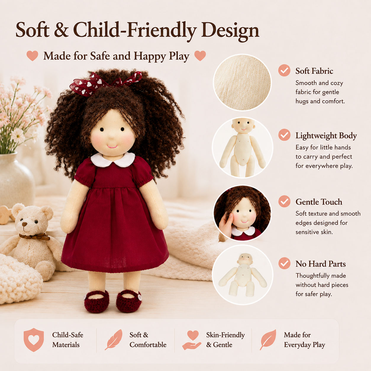  BlissfulPixie 12" Waldorf Doll Eleanor, Handmade Soft Rag Doll for Girls with DIY Hair Styling Kit, 4 Color Hair Set, Teddy Bear, Makeup Tools & Gift Box Set, Creative Birthday Christmas Gift