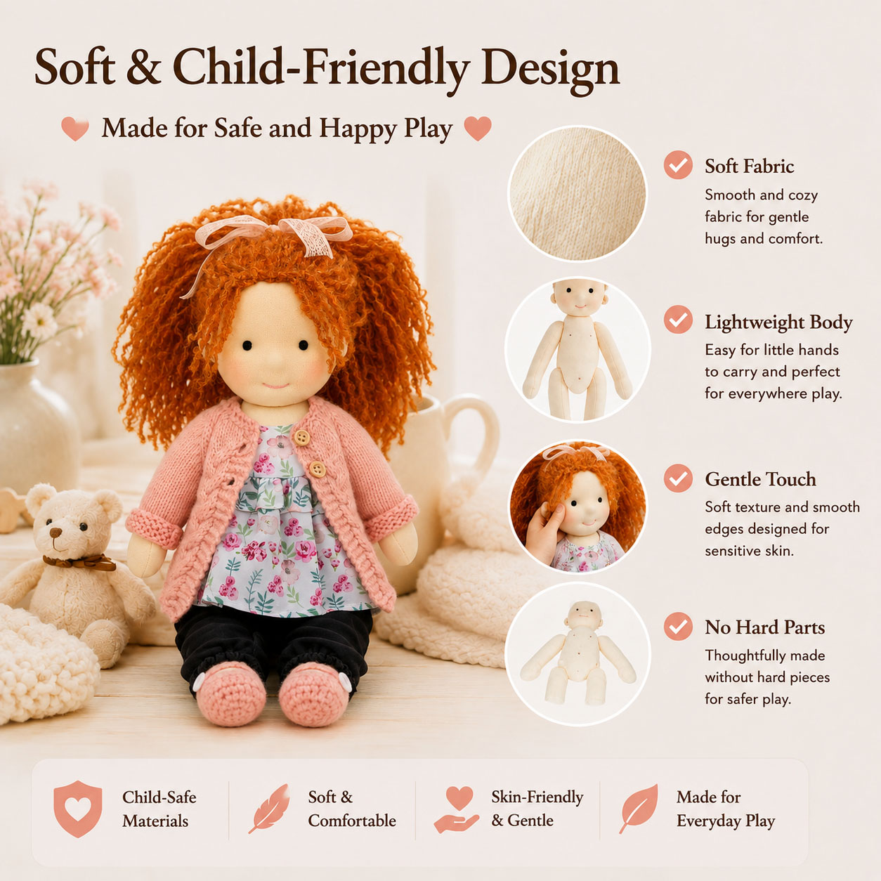   BlissfulPixie 12" Waldorf Doll Elsee, Handmade Soft Rag Doll for Girls with DIY Hair Styling Kit, 4 Color Hair Set, Teddy Bear, Makeup Tools & Gift Box Set, Creative Birthday Christmas Gift