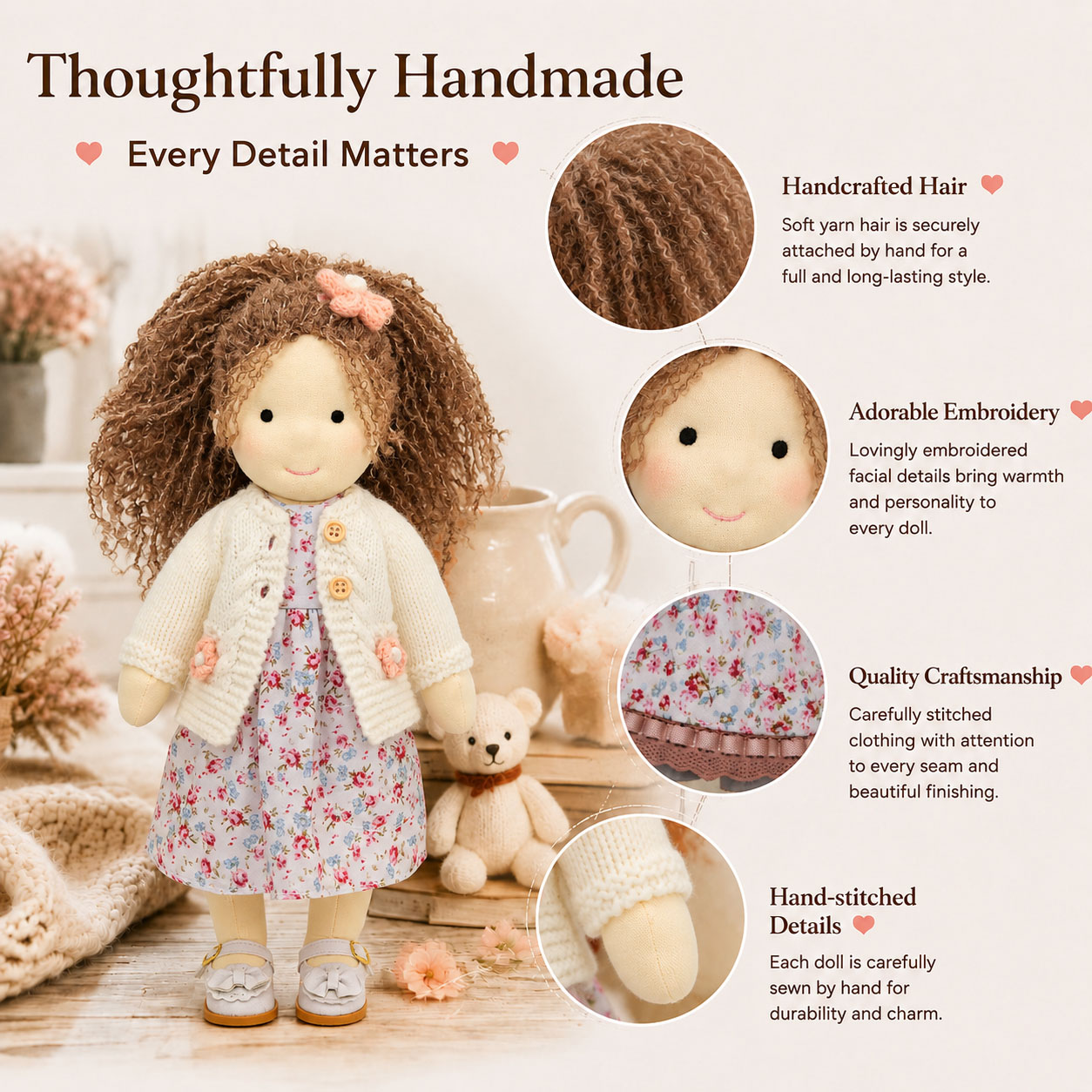 BlissfulPixie 12" Waldorf Doll Amber, Handmade Soft Rag Doll for Girls with DIY Hair Styling Kit, 4 Color Hair Set, Teddy Bear, Makeup Tools & Gift Box Set, Creative Birthday Christmas Gift