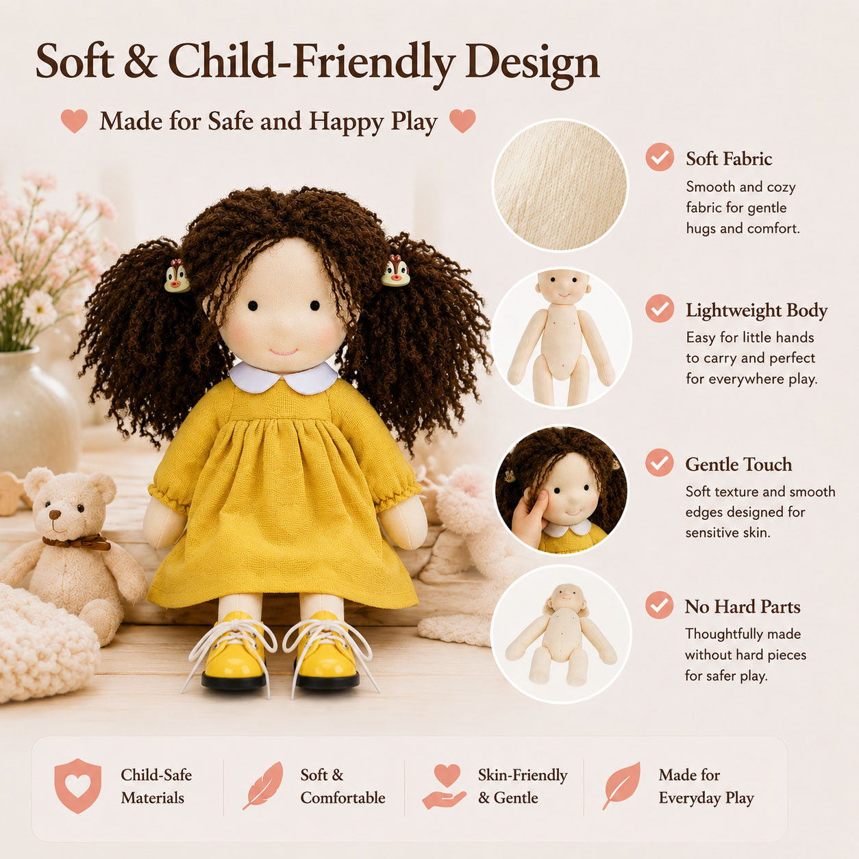 BlissfulPixie 12" Waldorf Doll Inka , Handmade Soft Rag Doll for Girls with DIY Hair Styling Kit, 4 Color Hair Set, Teddy Bear, Makeup Tools & Gift Box Set, Creative Birthday Christmas Gift