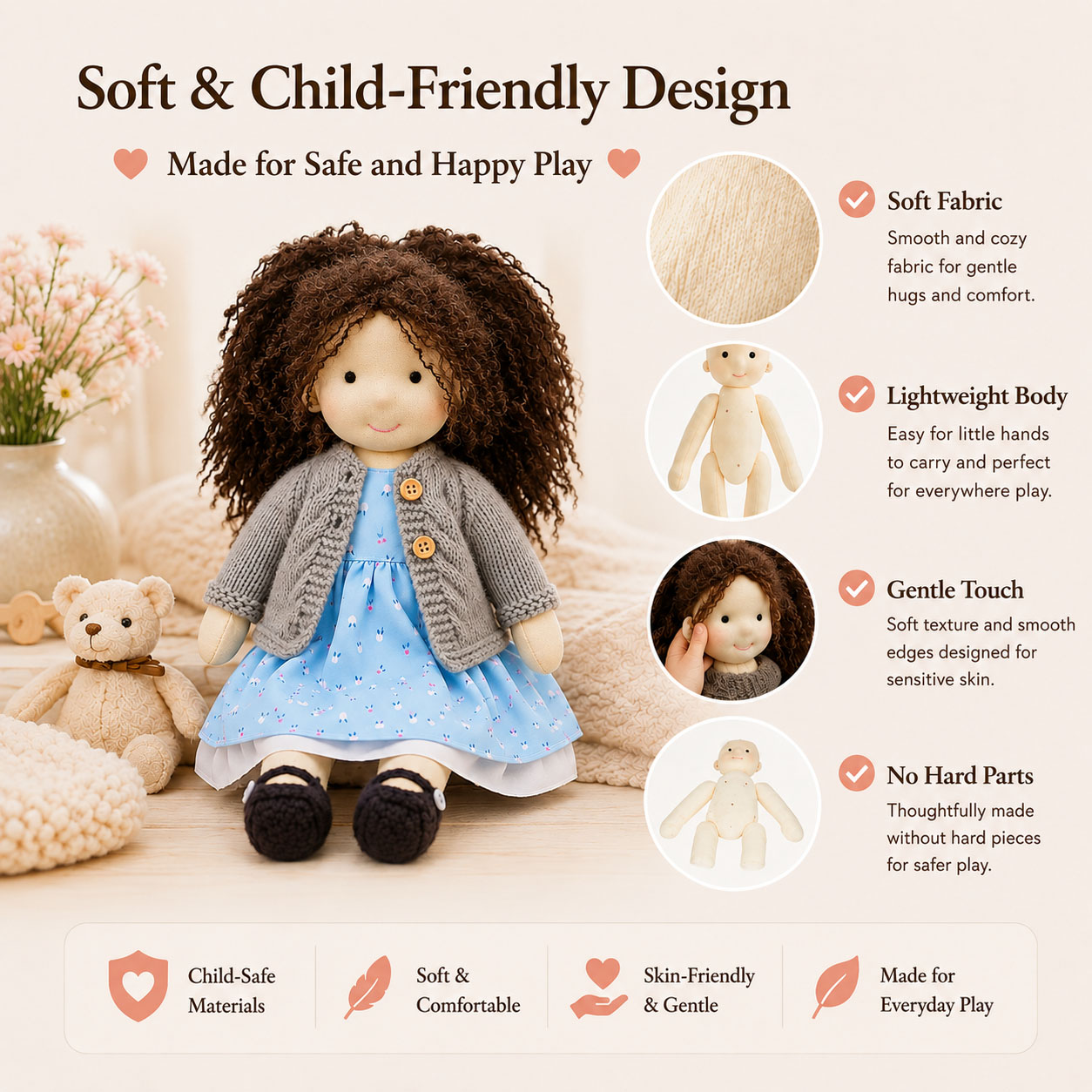  BlissfulPixie 12" Waldorf Doll Louise, Handmade Soft Rag Doll for Girls with DIY Hair Styling Kit, 4 Color Hair Set, Teddy Bear, Makeup Tools & Gift Box Set, Creative Birthday Christmas Gift