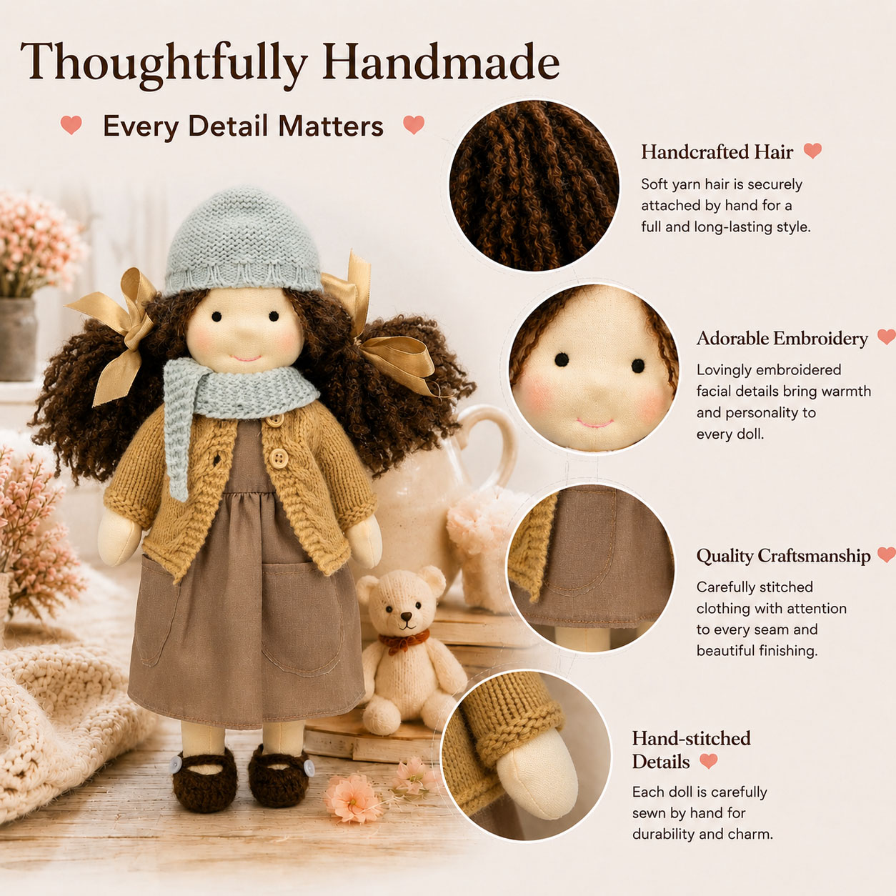 BlissfulPixie 12" Waldorf Doll Zoey, Handmade Soft Rag Doll for Girls with DIY Hair Styling Kit, 4 Color Hair Set, Teddy Bear, Makeup Tools & Gift Box Set, Creative Birthday Christmas Gift