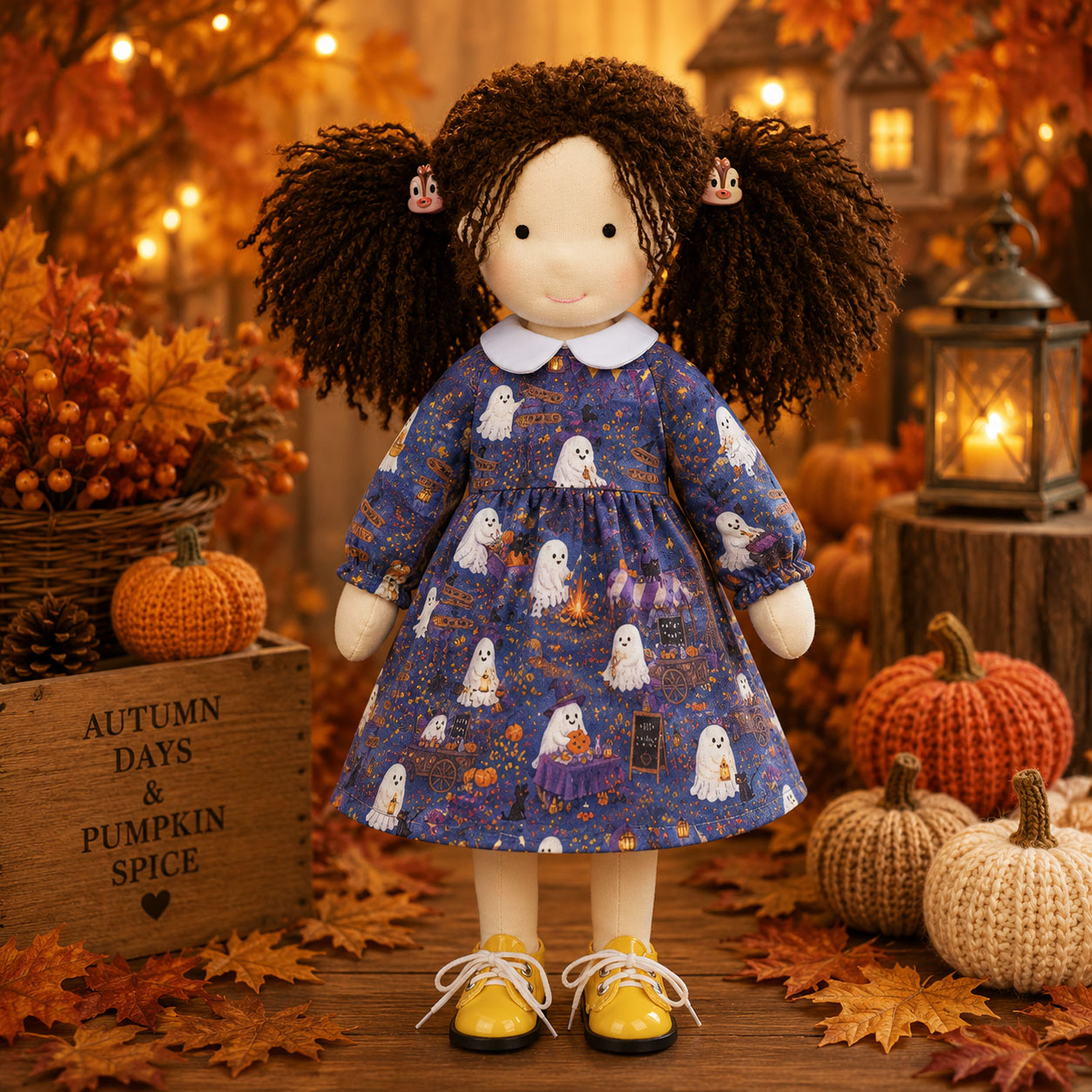 [Halloween Limited Edition ]BlissfulPixie 12" Waldorf Doll Inka , Handmade Soft Rag Doll for Girls with DIY Hair Styling Kit, 4 Color Hair Set, Teddy Bear, Makeup Tools & Gift Box Set, Creative Birthday Christmas Gift-BlissfulPixie