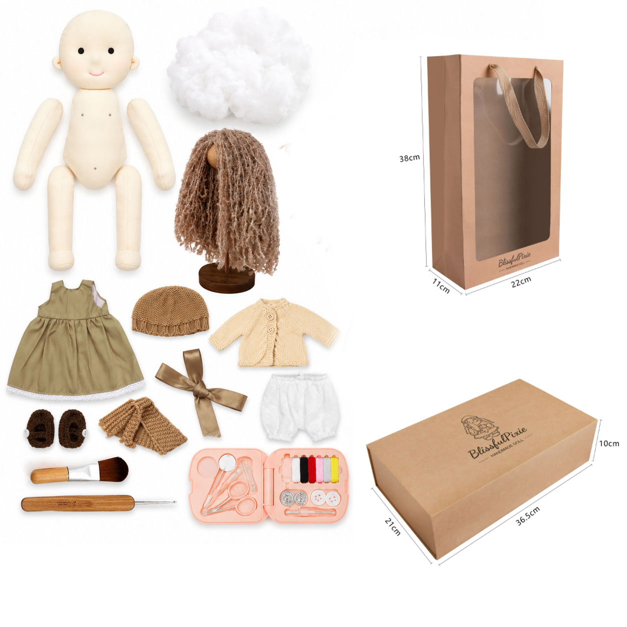 Dotty DIY Doll  Making Kit for Adults & Beginners, Handmade Cloth Doll Craft Kit with Doll Body, Stuffing, Curly Hair, Clothes & Basic Sewing Tools, Video Tutorial, Creative Craft Gift