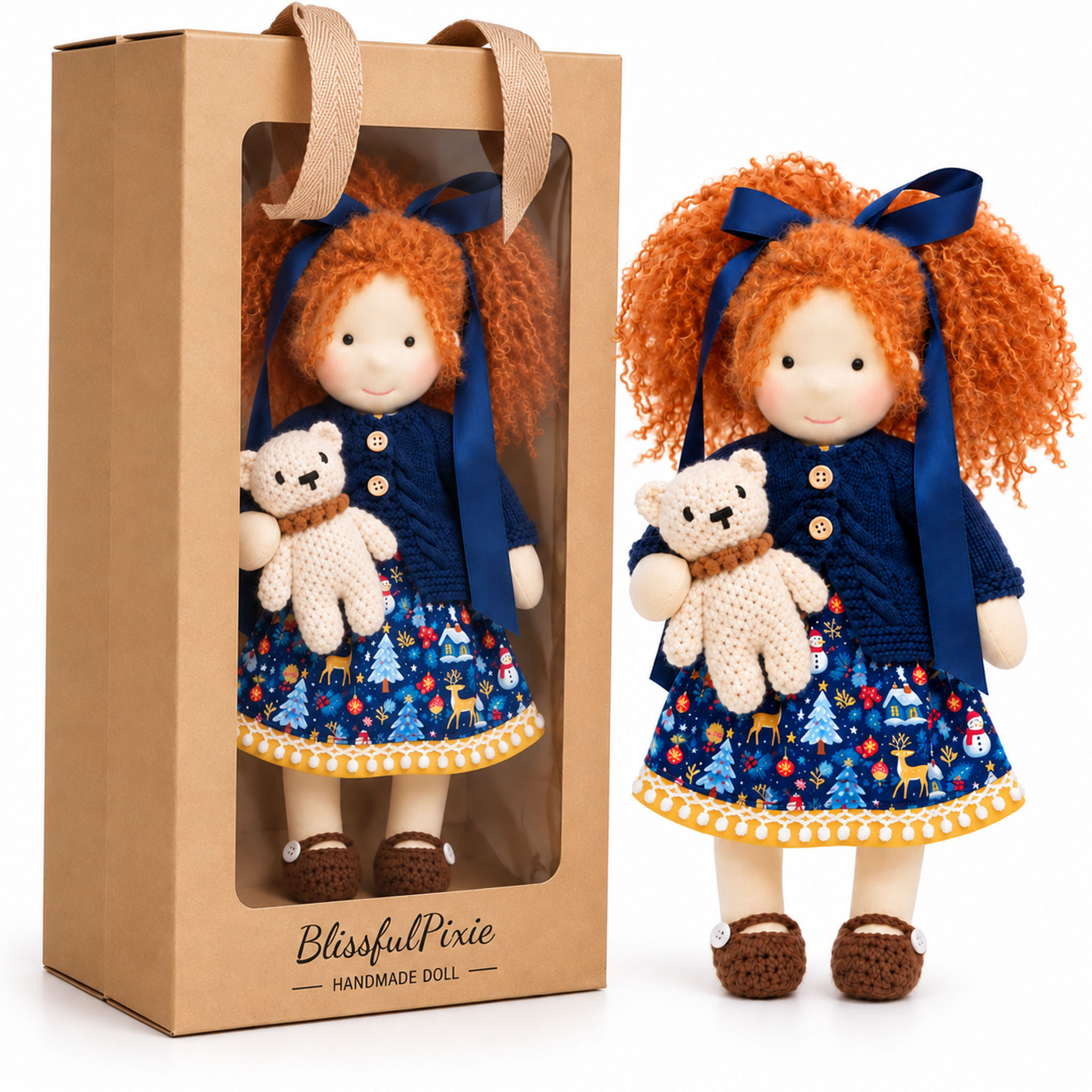 Hanne Cute Handmade Doll for Girls, Christmas Rag Doll with Colorful Holiday Dress, Soft Fabric Doll with Gift Box Packaging, Adorable Keepsake Toy for Kids, Birthday and Holiday Gifts