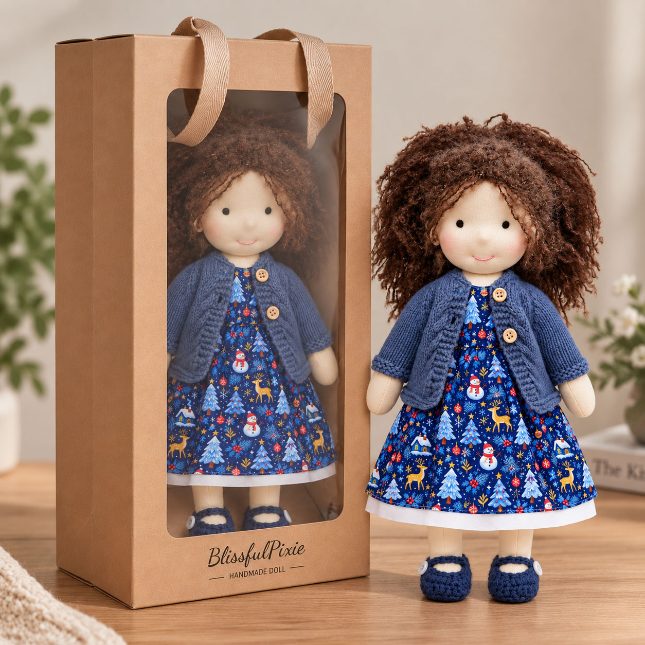 Louise Cute Handmade Doll for Girls, Christmas Rag Doll with Colorful Holiday Dress, Soft Fabric Doll with Gift Box Packaging, Adorable Keepsake Toy for Kids, Birthday and Holiday Gifts