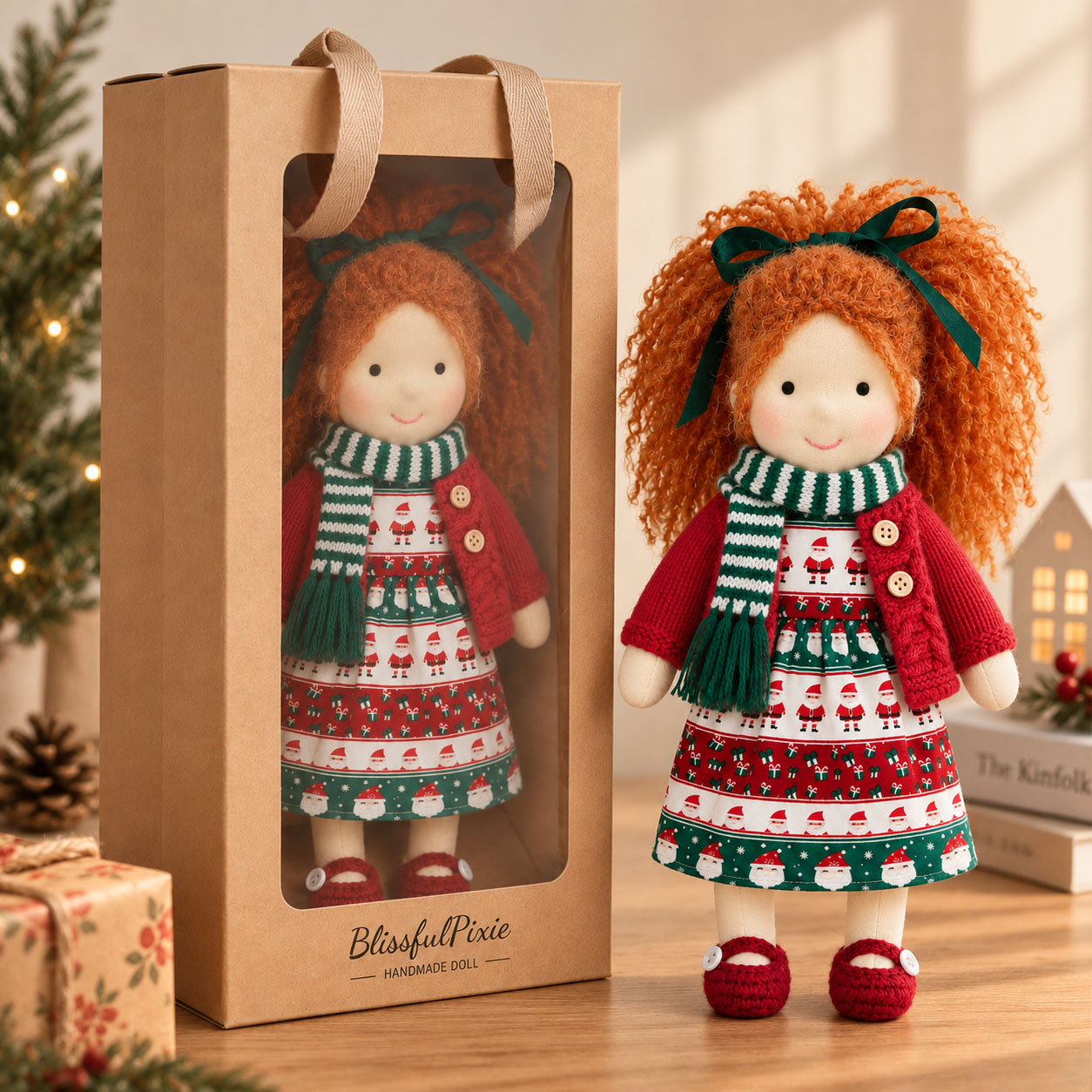 Diana- Cute Handmade Doll for Girls, Christmas Rag Doll with Colorful Holiday Dress, Soft Fabric Doll with Gift Box Packaging, Adorable Keepsake Toy for Kids, Birthday and Holiday Gifts