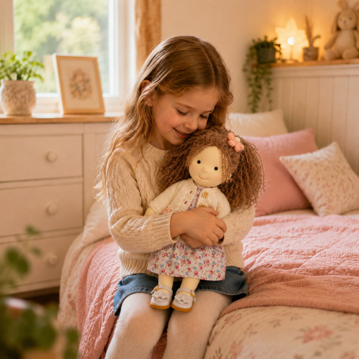 BlissfulPixie 12" Waldorf Doll Amber, Handmade Soft Rag Doll for Girls with DIY Hair Styling Kit, 4 Color Hair Set, Teddy Bear, Makeup Tools & Gift Box Set, Creative Birthday Christmas Gift