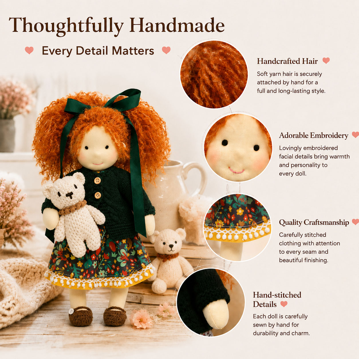 BlissfulPixie 12" Waldorf Doll Hanne, Handmade Soft Rag Doll for Girls with DIY Hair Styling Kit, 4 Color Hair Set, Teddy Bear, Makeup Tools & Gift Box Set, Creative Birthday Christmas Gift