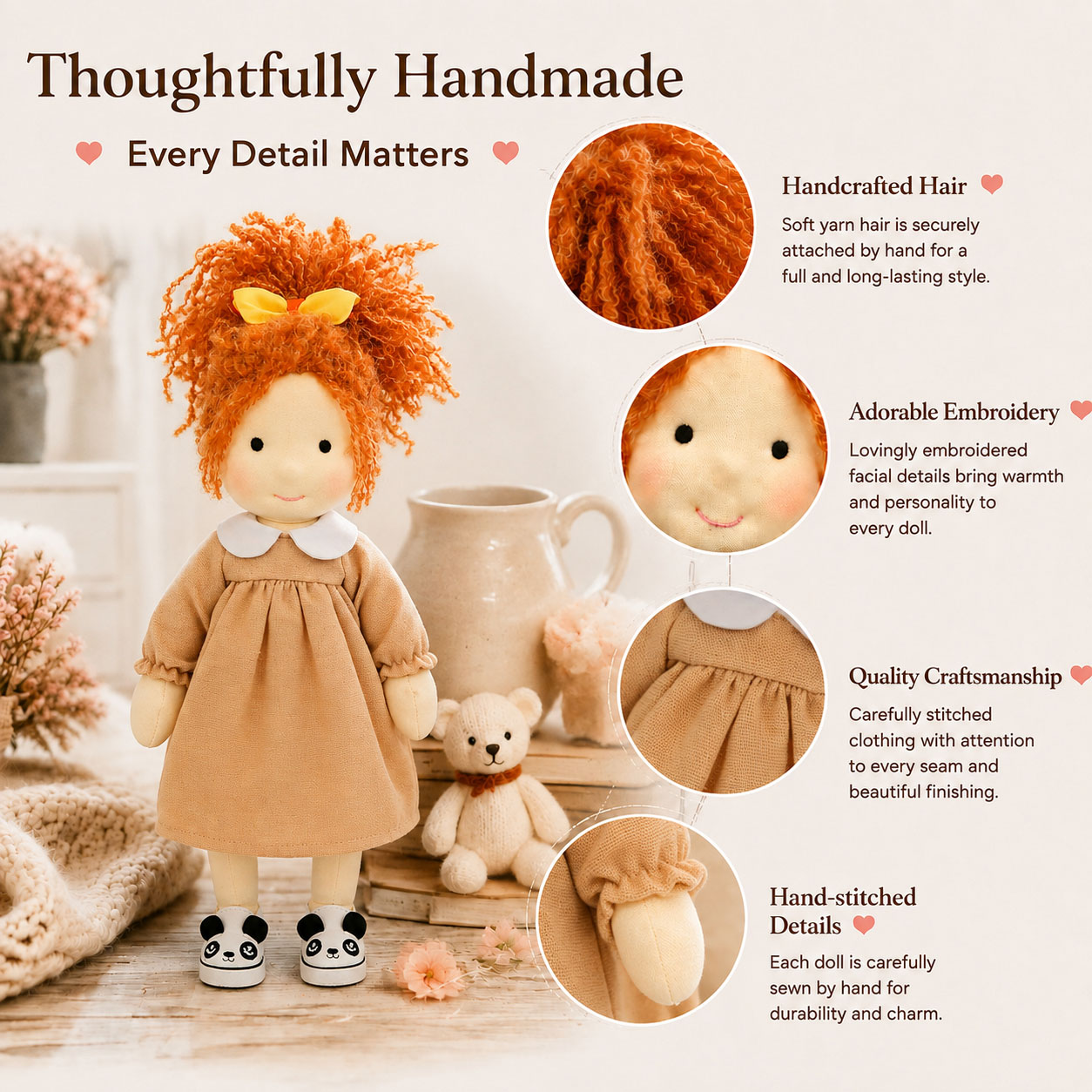 BlissfulPixie 12" Waldorf Doll Ada, Handmade Soft Rag Doll for Girls with DIY Hair Styling Kit, 4 Color Hair Set, Teddy Bear, Makeup Tools & Gift Box Set, Creative Birthday Christmas Gift