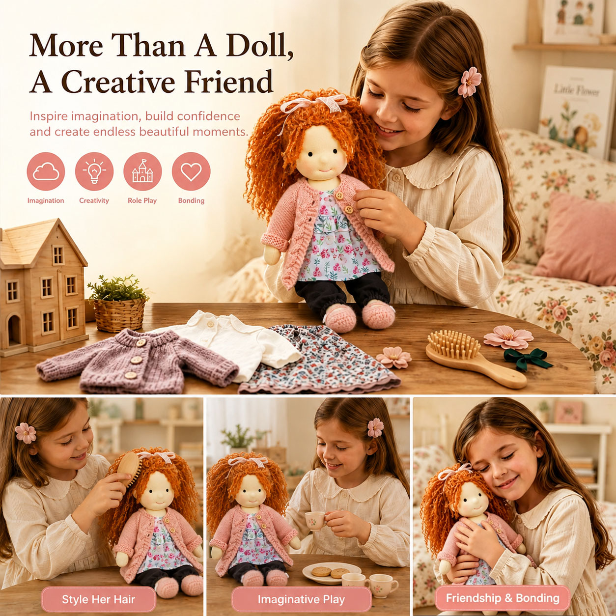   BlissfulPixie 12" Waldorf Doll Elsee, Handmade Soft Rag Doll for Girls with DIY Hair Styling Kit, 4 Color Hair Set, Teddy Bear, Makeup Tools & Gift Box Set, Creative Birthday Christmas Gift