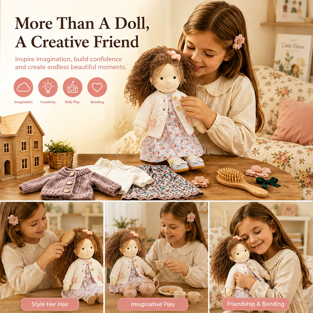 BlissfulPixie 12" Waldorf Doll Amber, Handmade Soft Rag Doll for Girls with DIY Hair Styling Kit, 4 Color Hair Set, Teddy Bear, Makeup Tools & Gift Box Set, Creative Birthday Christmas Gift