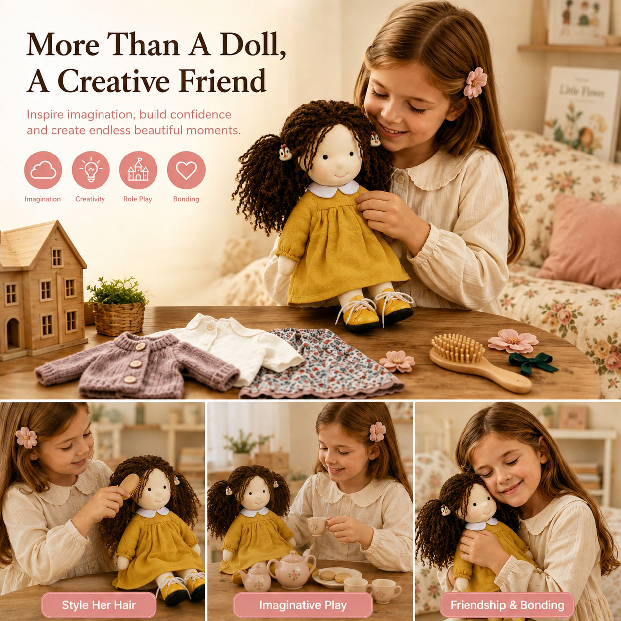 BlissfulPixie 12" Waldorf Doll Inka , Handmade Soft Rag Doll for Girls with DIY Hair Styling Kit, 4 Color Hair Set, Teddy Bear, Makeup Tools & Gift Box Set, Creative Birthday Christmas Gift