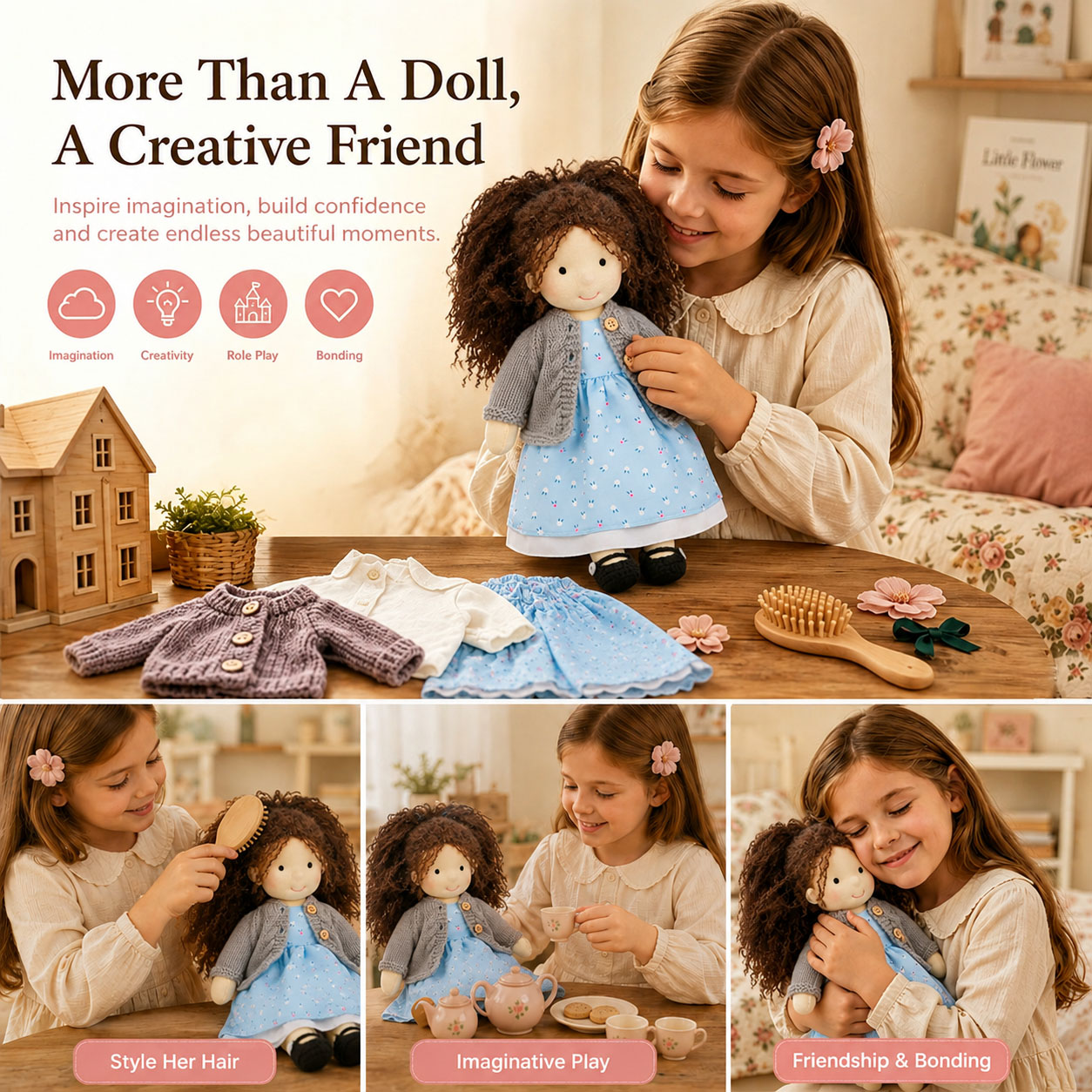  BlissfulPixie 12" Waldorf Doll Louise, Handmade Soft Rag Doll for Girls with DIY Hair Styling Kit, 4 Color Hair Set, Teddy Bear, Makeup Tools & Gift Box Set, Creative Birthday Christmas Gift