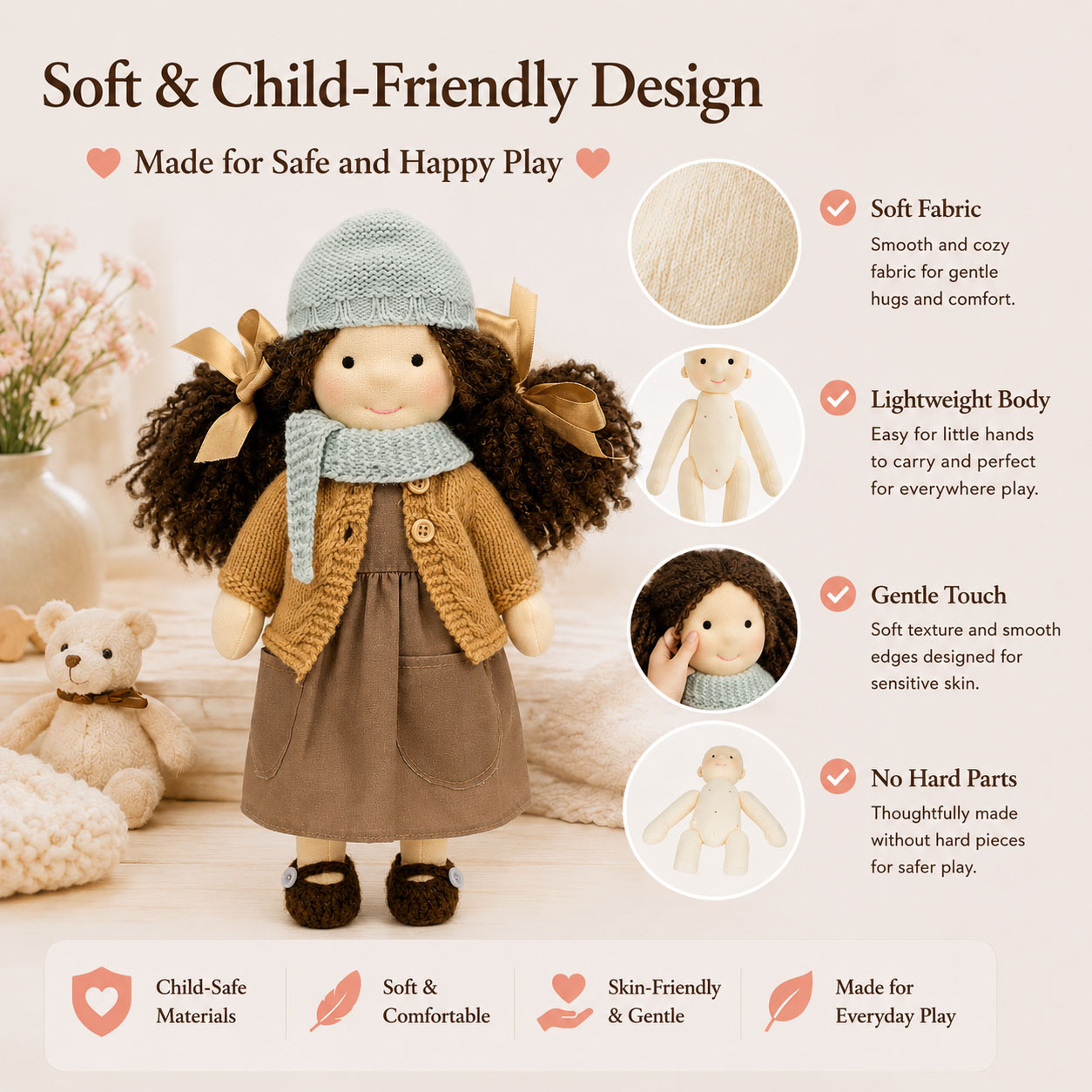 BlissfulPixie 12" Waldorf Doll Zoey, Handmade Soft Rag Doll for Girls with DIY Hair Styling Kit, 4 Color Hair Set, Teddy Bear, Makeup Tools & Gift Box Set, Creative Birthday Christmas Gift
