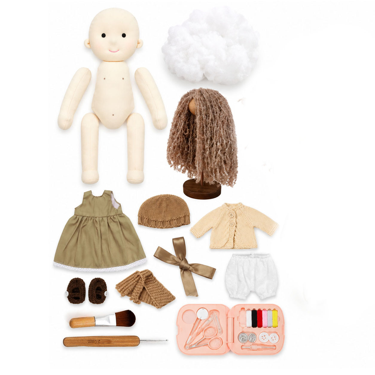 Dotty DIY Doll  Making Kit for Adults & Beginners, Handmade Cloth Doll Craft Kit with Doll Body, Stuffing, Curly Hair, Clothes & Basic Sewing Tools, Video Tutorial, Creative Craft Gift