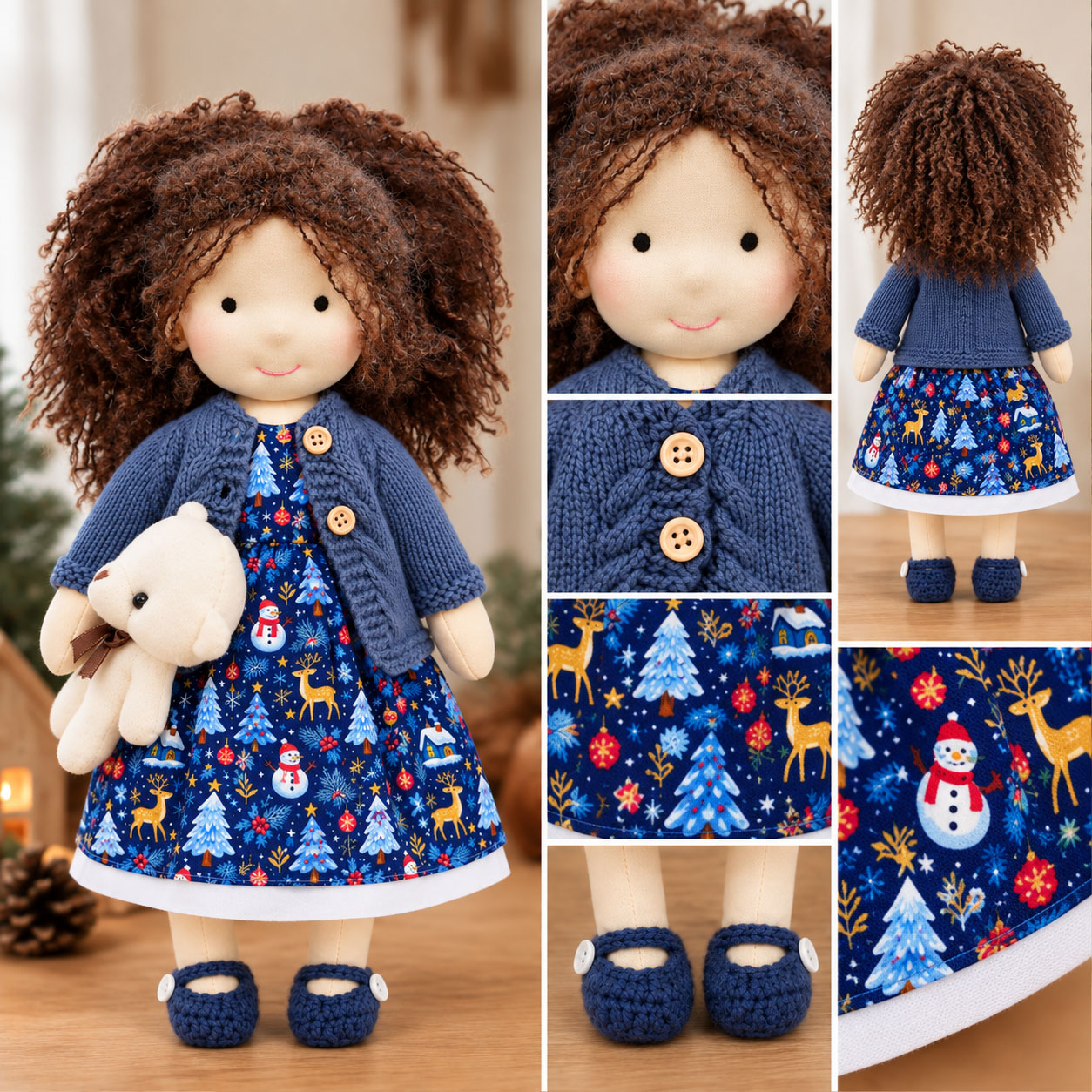 Louise Cute Handmade Doll for Girls, Christmas Rag Doll with Colorful Holiday Dress, Soft Fabric Doll with Gift Box Packaging, Adorable Keepsake Toy for Kids, Birthday and Holiday Gifts