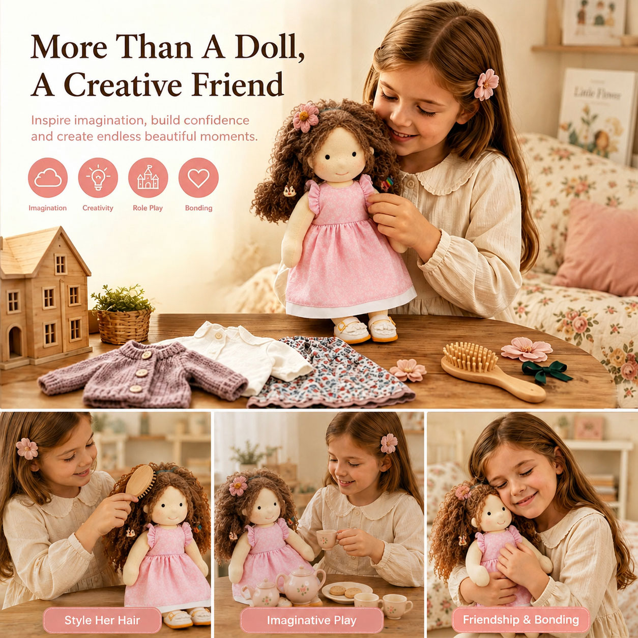  BlissfulPixie 12" Waldorf Doll Amy, Handmade Soft Rag Doll for Girls with DIY Hair Styling Kit, 4 Color Hair Set, Teddy Bear, Makeup Tools & Gift Box Set, Creative Birthday Christmas Gift
