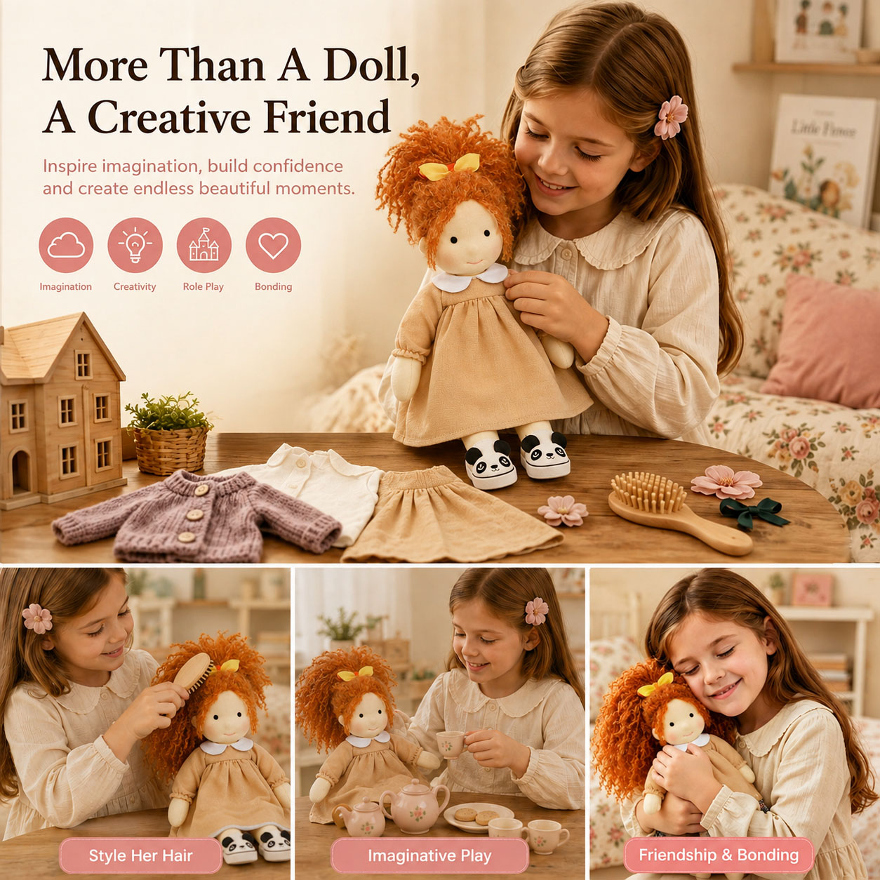 BlissfulPixie 12" Waldorf Doll Ada, Handmade Soft Rag Doll for Girls with DIY Hair Styling Kit, 4 Color Hair Set, Teddy Bear, Makeup Tools & Gift Box Set, Creative Birthday Christmas Gift