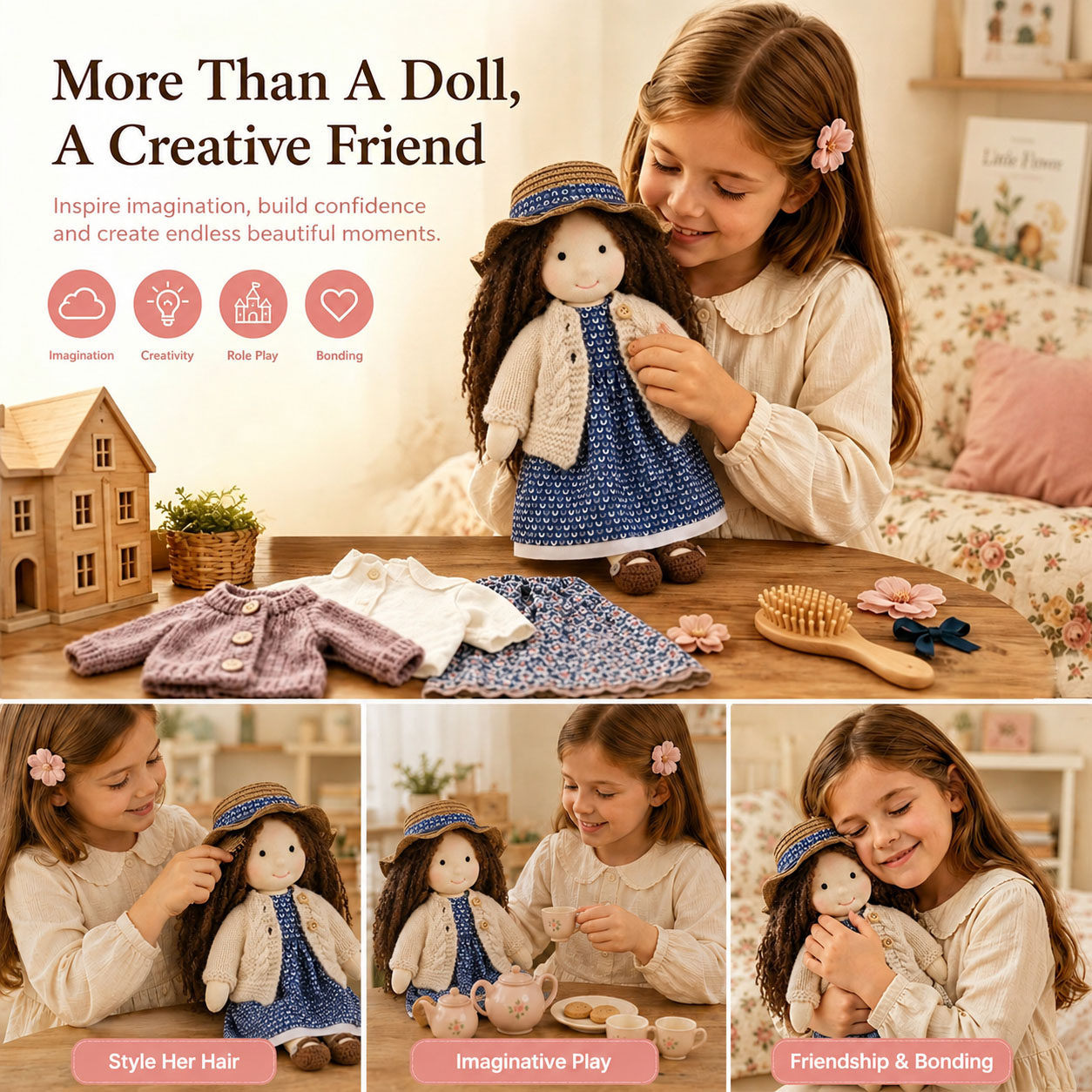   BlissfulPixie 12" Waldorf Doll Basia, Handmade Soft Rag Doll for Girls with DIY Hair Styling Kit, 4 Color Hair Set, Teddy Bear, Makeup Tools & Gift Box Set, Creative Birthday Christmas Gift