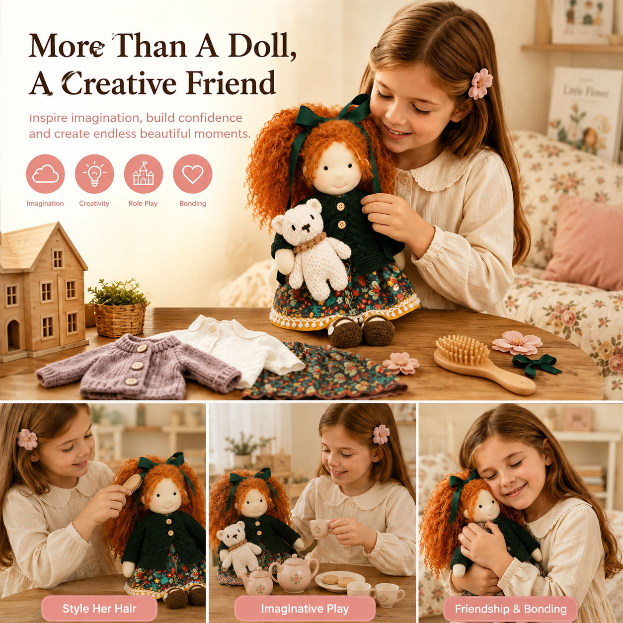 BlissfulPixie 12" Waldorf Doll Hanne, Handmade Soft Rag Doll for Girls with DIY Hair Styling Kit, 4 Color Hair Set, Teddy Bear, Makeup Tools & Gift Box Set, Creative Birthday Christmas Gift