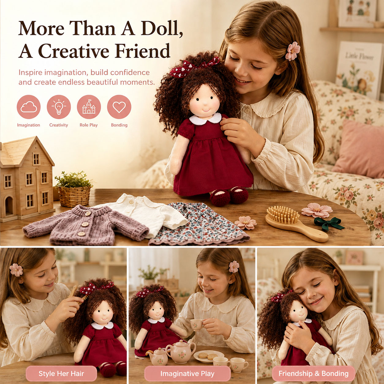  BlissfulPixie 12" Waldorf Doll Eleanor, Handmade Soft Rag Doll for Girls with DIY Hair Styling Kit, 4 Color Hair Set, Teddy Bear, Makeup Tools & Gift Box Set, Creative Birthday Christmas Gift