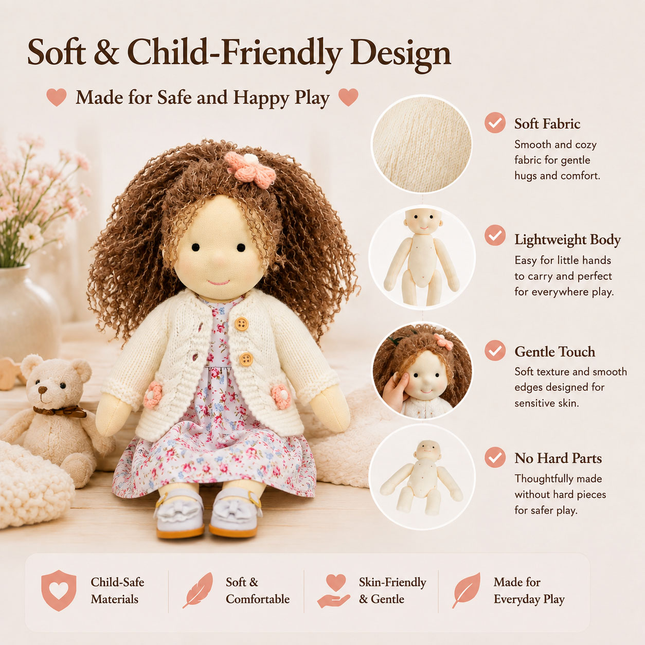 BlissfulPixie 12" Waldorf Doll Amber, Handmade Soft Rag Doll for Girls with DIY Hair Styling Kit, 4 Color Hair Set, Teddy Bear, Makeup Tools & Gift Box Set, Creative Birthday Christmas Gift