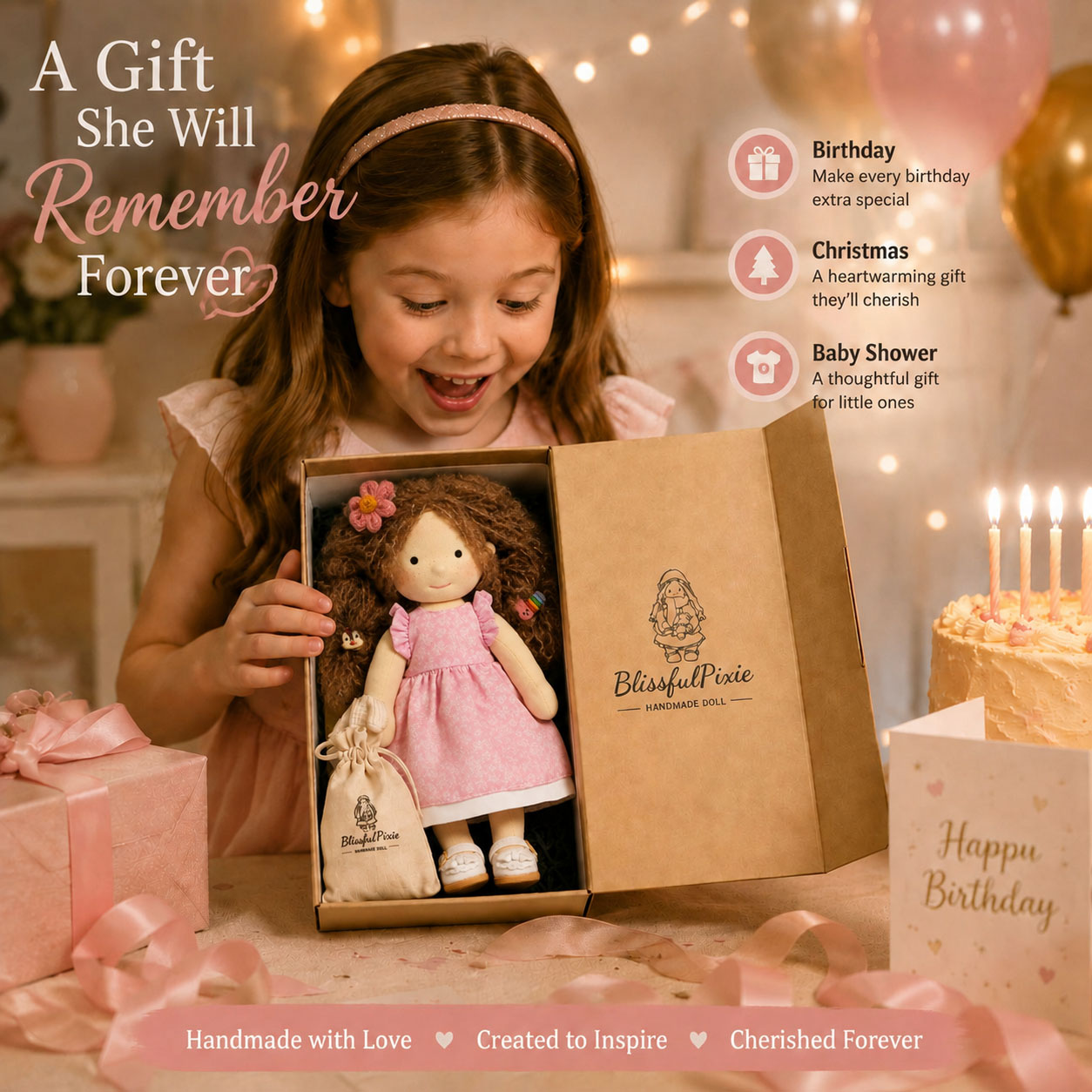  BlissfulPixie 12" Waldorf Doll Amy, Handmade Soft Rag Doll for Girls with DIY Hair Styling Kit, 4 Color Hair Set, Teddy Bear, Makeup Tools & Gift Box Set, Creative Birthday Christmas Gift