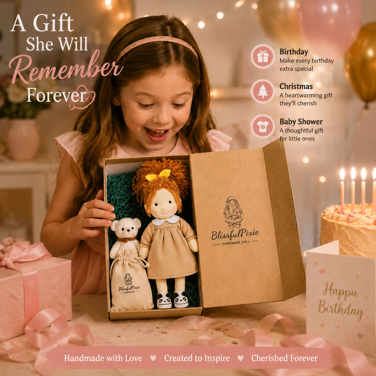 BlissfulPixie 12" Waldorf Doll Ada, Handmade Soft Rag Doll for Girls with DIY Hair Styling Kit, 4 Color Hair Set, Teddy Bear, Makeup Tools & Gift Box Set, Creative Birthday Christmas Gift