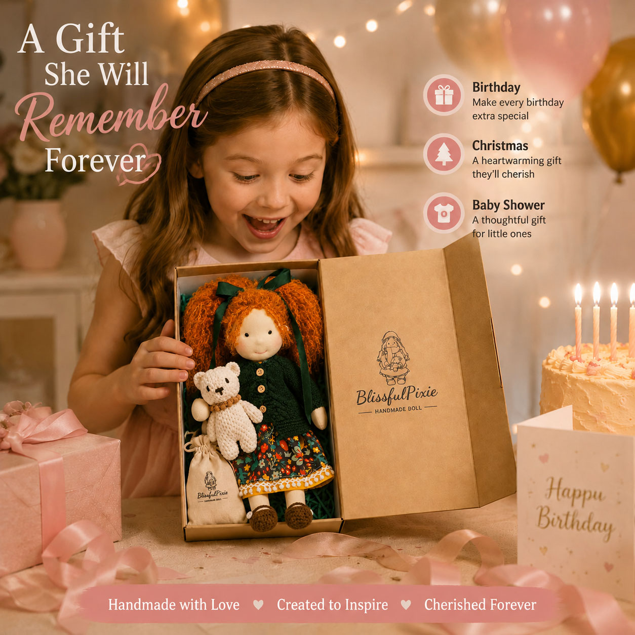 BlissfulPixie 12" Waldorf Doll Hanne, Handmade Soft Rag Doll for Girls with DIY Hair Styling Kit, 4 Color Hair Set, Teddy Bear, Makeup Tools & Gift Box Set, Creative Birthday Christmas Gift