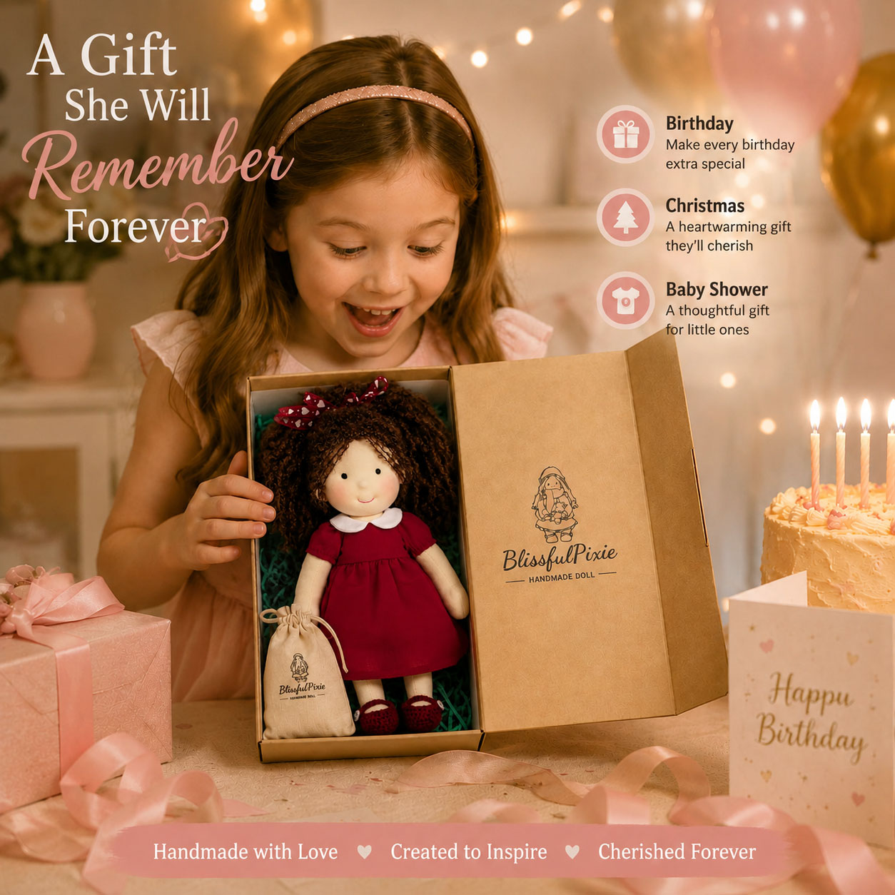 BlissfulPixie 12" Waldorf Doll Eleanor, Handmade Soft Rag Doll for Girls with DIY Hair Styling Kit, 4 Color Hair Set, Teddy Bear, Makeup Tools & Gift Box Set, Creative Birthday Christmas Gift