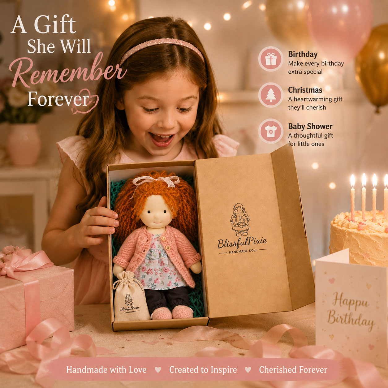   BlissfulPixie 12" Waldorf Doll Elsee, Handmade Soft Rag Doll for Girls with DIY Hair Styling Kit, 4 Color Hair Set, Teddy Bear, Makeup Tools & Gift Box Set, Creative Birthday Christmas Gift
