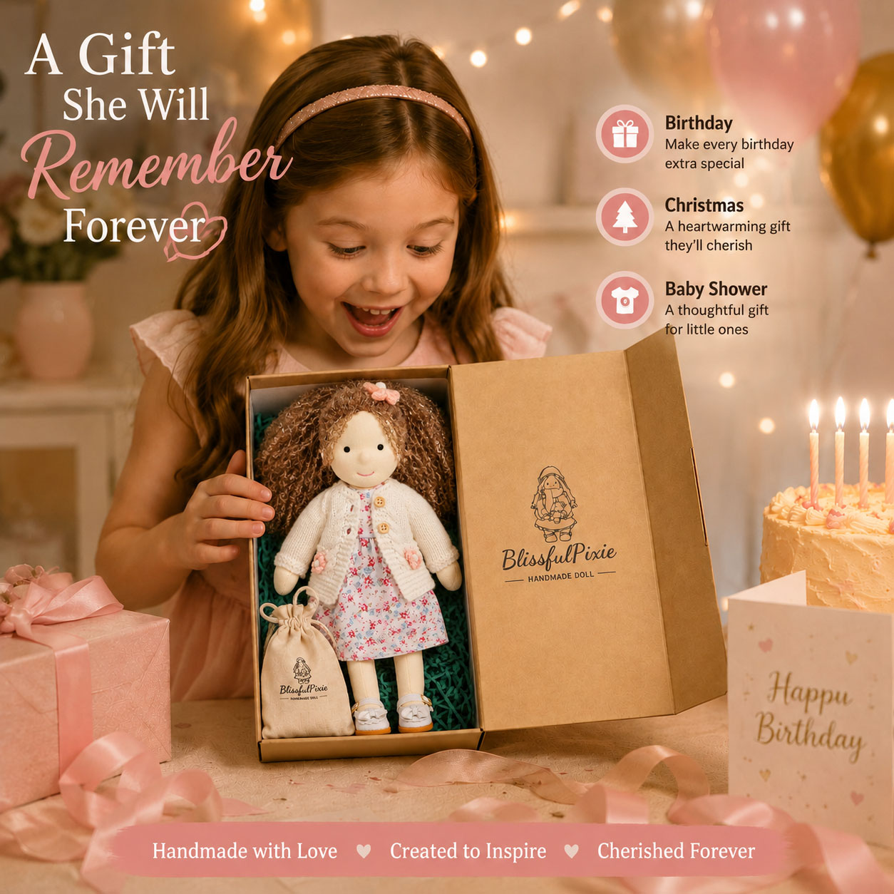 BlissfulPixie 12" Waldorf Doll Amber, Handmade Soft Rag Doll for Girls with DIY Hair Styling Kit, 4 Color Hair Set, Teddy Bear, Makeup Tools & Gift Box Set, Creative Birthday Christmas Gift