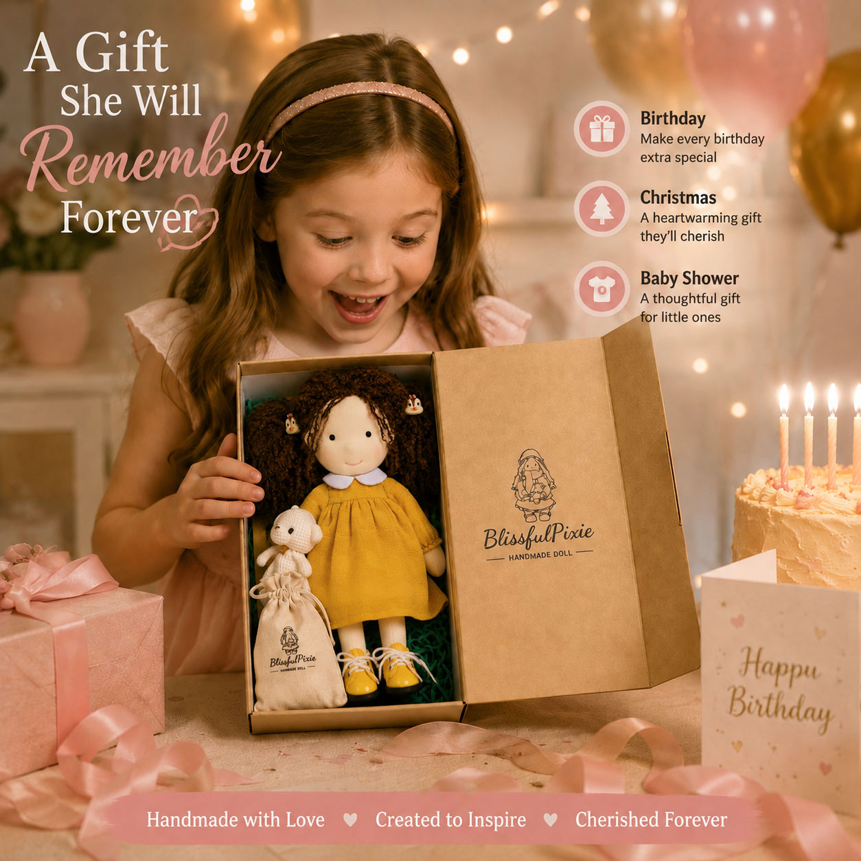 BlissfulPixie 12" Waldorf Doll Inka , Handmade Soft Rag Doll for Girls with DIY Hair Styling Kit, 4 Color Hair Set, Teddy Bear, Makeup Tools & Gift Box Set, Creative Birthday Christmas Gift