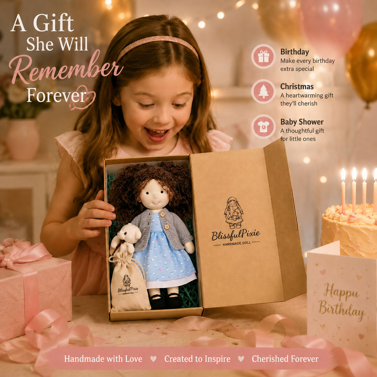  BlissfulPixie 12" Waldorf Doll Louise, Handmade Soft Rag Doll for Girls with DIY Hair Styling Kit, 4 Color Hair Set, Teddy Bear, Makeup Tools & Gift Box Set, Creative Birthday Christmas Gift