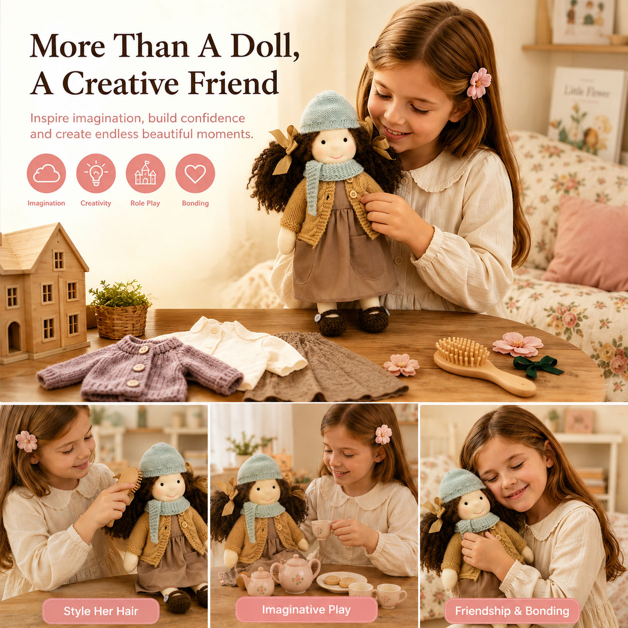BlissfulPixie 12" Waldorf Doll Zoey, Handmade Soft Rag Doll for Girls with DIY Hair Styling Kit, 4 Color Hair Set, Teddy Bear, Makeup Tools & Gift Box Set, Creative Birthday Christmas Gift