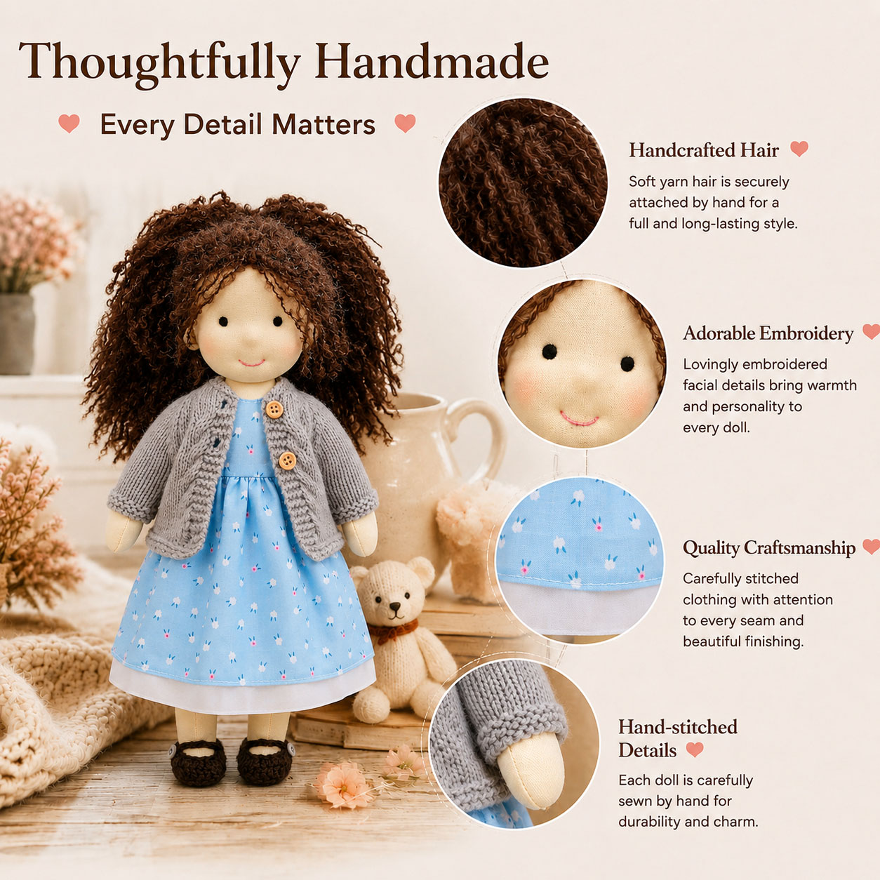  BlissfulPixie 12" Waldorf Doll Louise, Handmade Soft Rag Doll for Girls with DIY Hair Styling Kit, 4 Color Hair Set, Teddy Bear, Makeup Tools & Gift Box Set, Creative Birthday Christmas Gift
