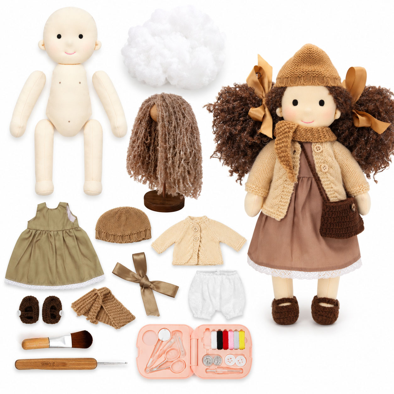 Dotty DIY Doll  Making Kit for Adults & Beginners, Handmade Cloth Doll Craft Kit with Doll Body, Stuffing, Curly Hair, Clothes & Basic Sewing Tools, Video Tutorial, Creative Craft Gift